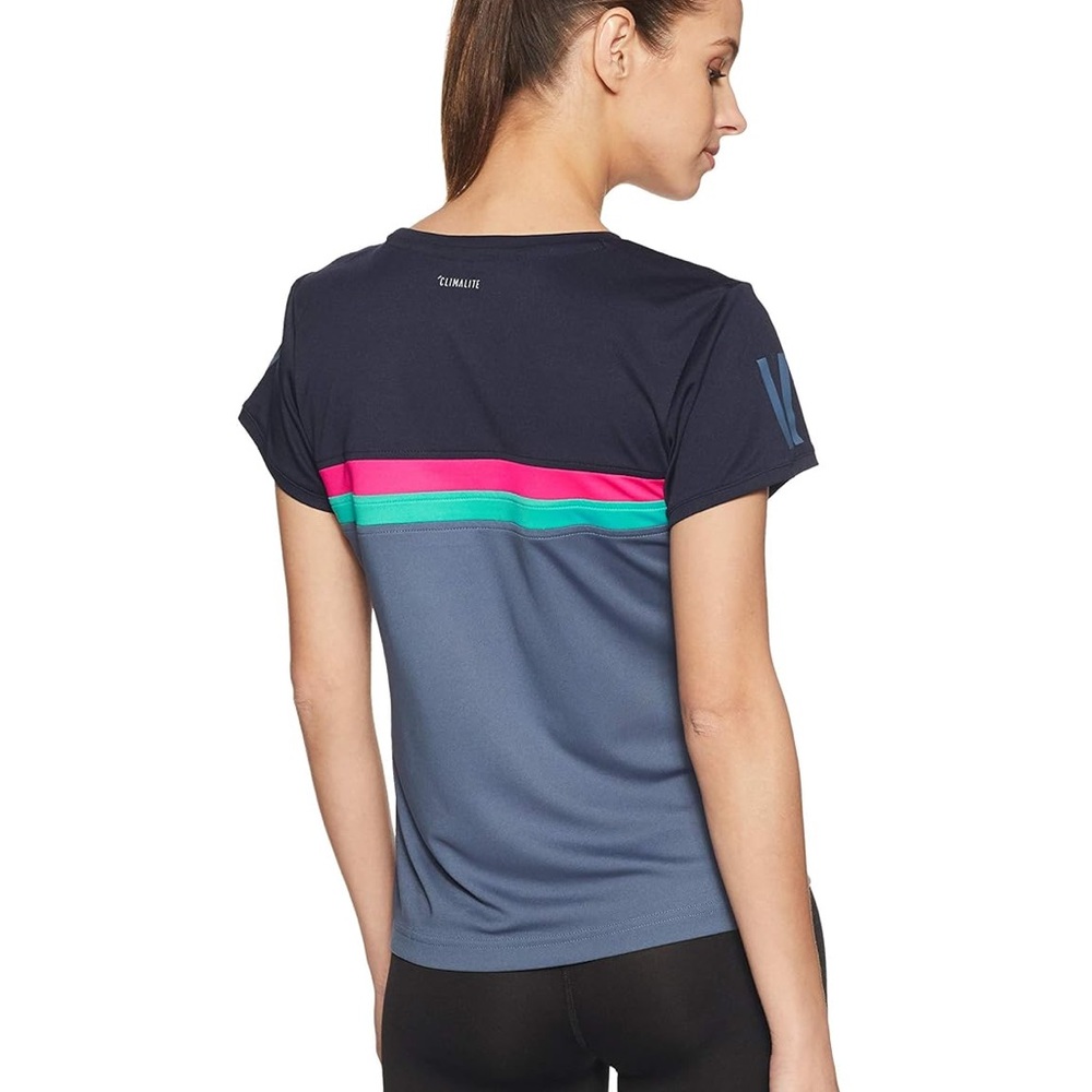 adidas Women's Navy and Blue Tee with Pink and Green Stripes